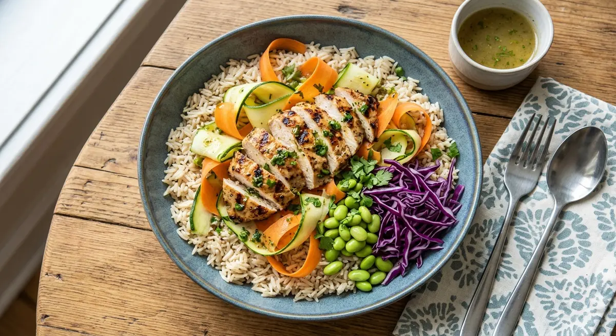 Grilled Chicken & Rice Bowl with Carrot-Zucchini Ribbons